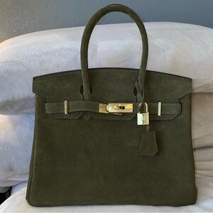 NEW 30cm army olive green genuine suede leather top handle handbag bk30